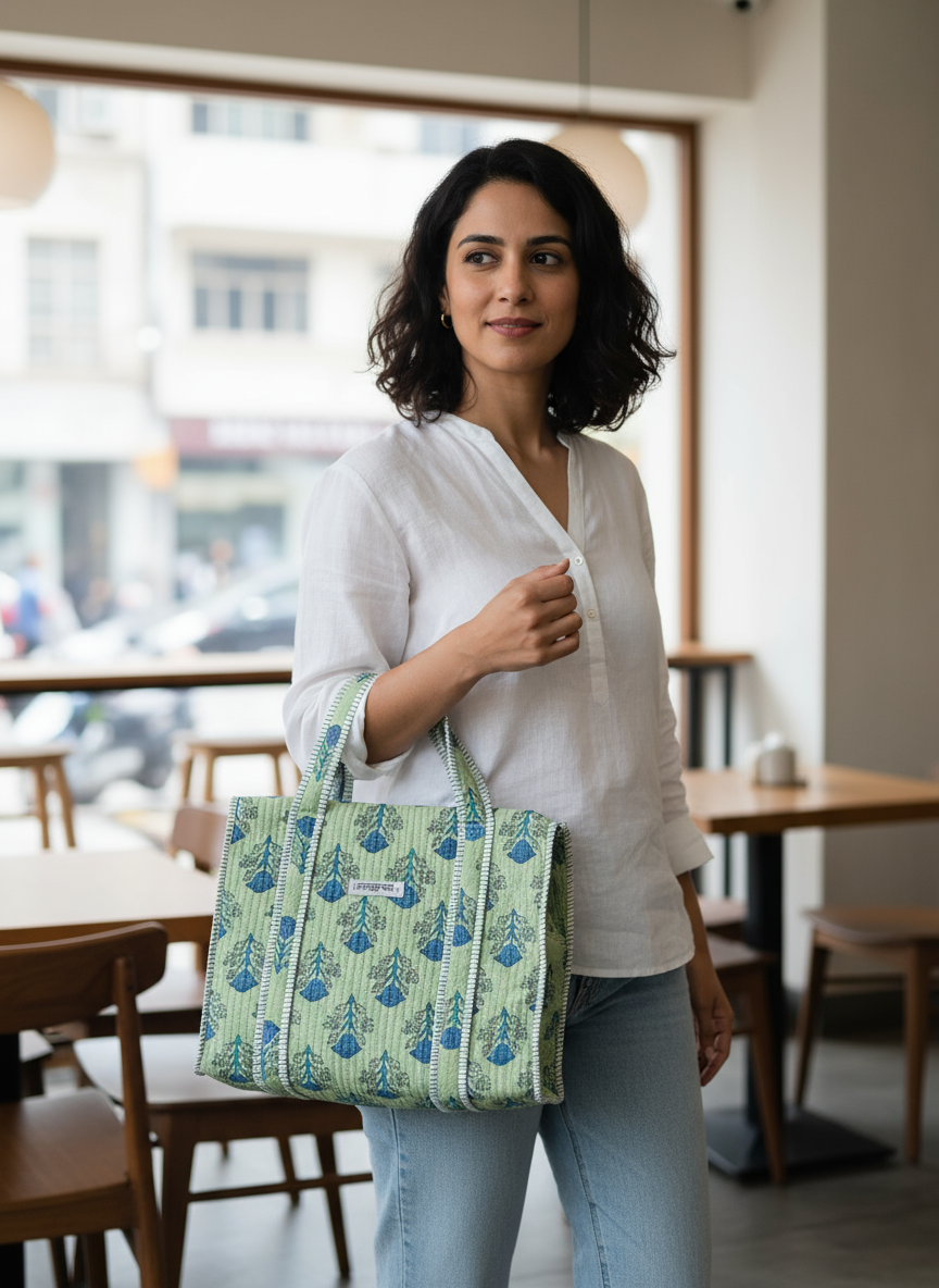 Floral green and blue mini tote bag with zip