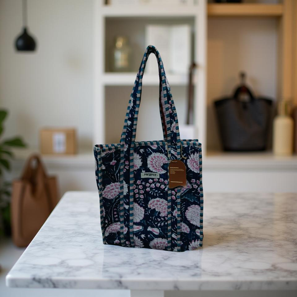Indigo & pink floral mini tote bag without zip