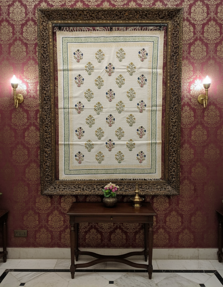 Hand block print Indian Dhurrie / Rug with hand embroidery(122*183cm /. 4*6 feet )