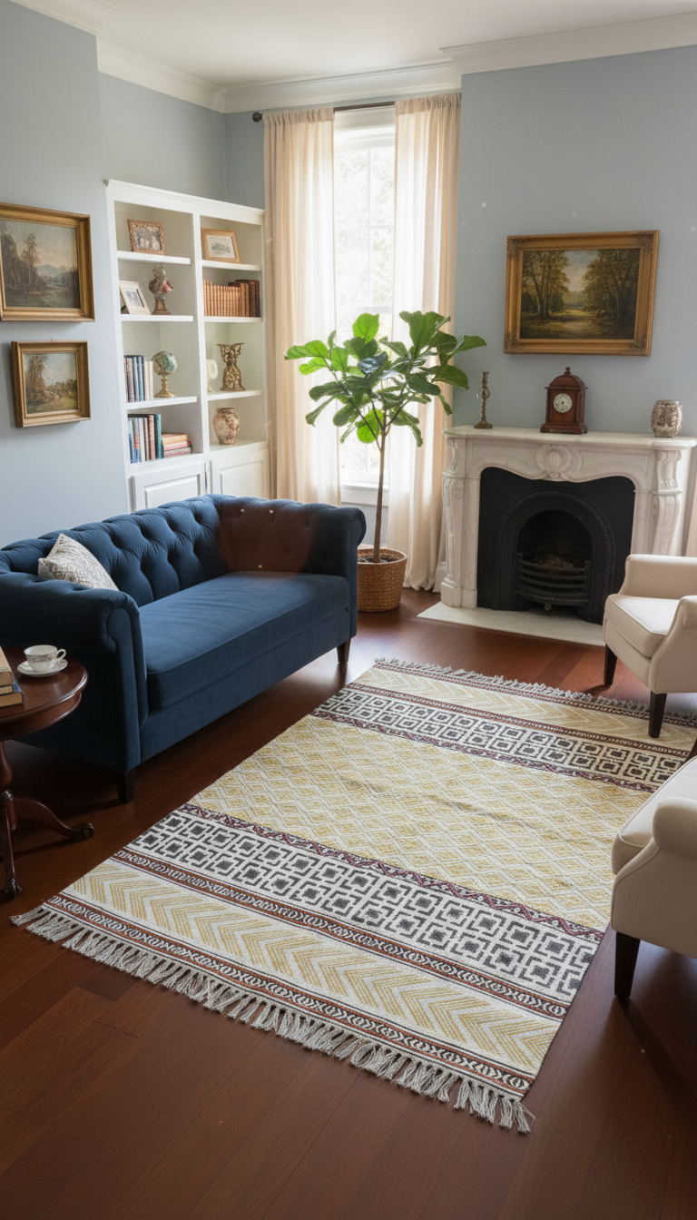 Hand block print Indian Dhurrie / Rug with hand embroidery(122*183cm /. 4*6 feet )