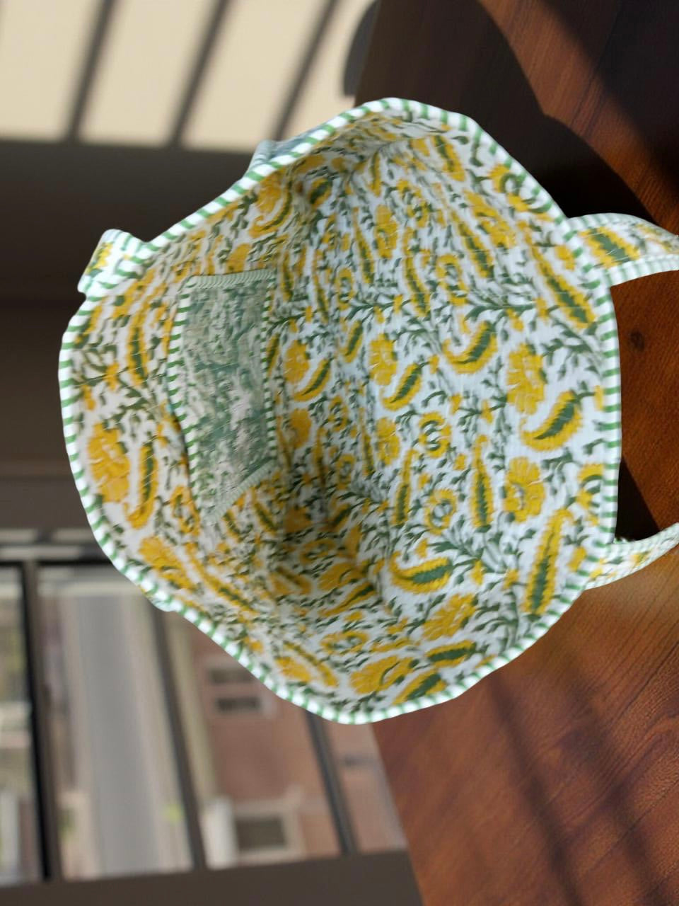 Green & yellow mini tote bag without zip